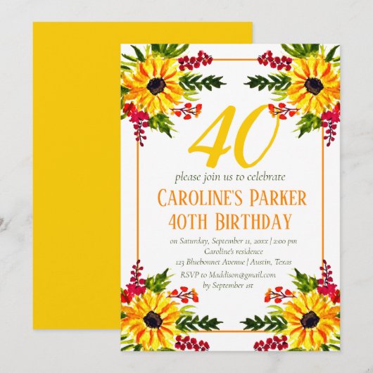 Zonnebloem 40e verjaardag Geel Bloemen Volwassene Kaart (Voorkant / Achterkant)