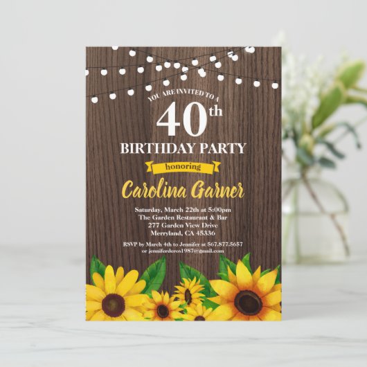 Zonnebloem 40e verjaardag uitnodiging. Elke leefti Kaart (Staand voorkant)