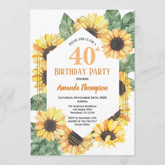 Zonnebloem 40ste verjaardag feest vrouwen kaart (Voorkant)