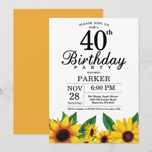 Zonnebloem 40th Birthday Invitation Kaart (Voorkant / Achterkant)