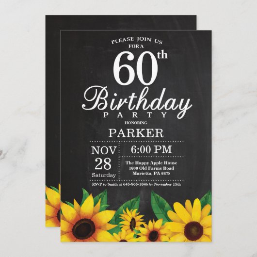 Zonnebloem 60th Birthday Invitation Kaart (Voorkant / Achterkant)