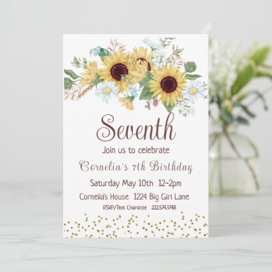 Zonnebloem 7e verjaardag kaart (Staand voorkant)