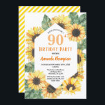 Zonnebloem 90th Birthday Party Celebration Women Kaart<br><div class="desc">[OM HET EVEN WELKE LEEFTIJD. ALLE TEKST IS EDITABLE]Thema: Zonnebloem.
Seizoen: Summer,  herfst. 
Occasie: Eventuele gebeurtenissen,  bv. Birthday Party,  Jubileum Party. 
Stijl: Helder,  Elegant,  Cheerful. 
Kleuren: Wit,  Goud,  Geel,  Oranje. 
Grafische kaart: Waterverf zonnebloemen en faux goudfram.</div>