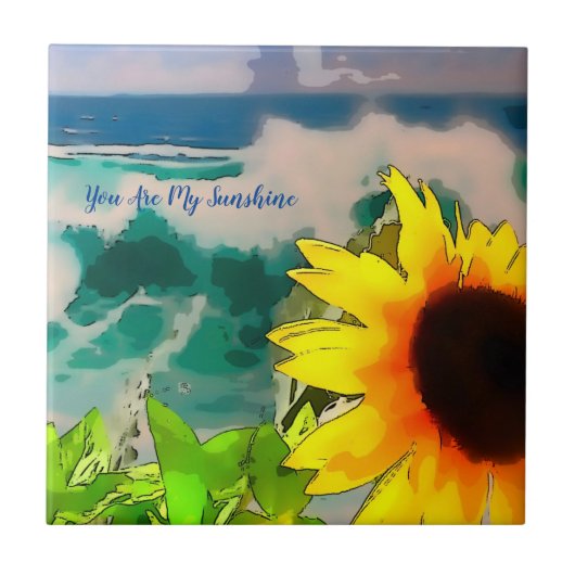 Zonnebloem aan het strand.. je bent mijn zonneschi tegeltje (Voorkant)
