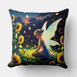 Zonnebloem achtergrond met een fee en vuurvliegjes kussen