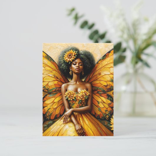 Zonnebloem Afro-Amerikaanse Fairy Art Briefkaart (Staand voorkant)