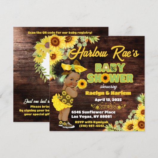 Zonnebloem Afro Baby Girl-Geel Rustisch Baby showe Kaart (Voorkant / Achterkant)
