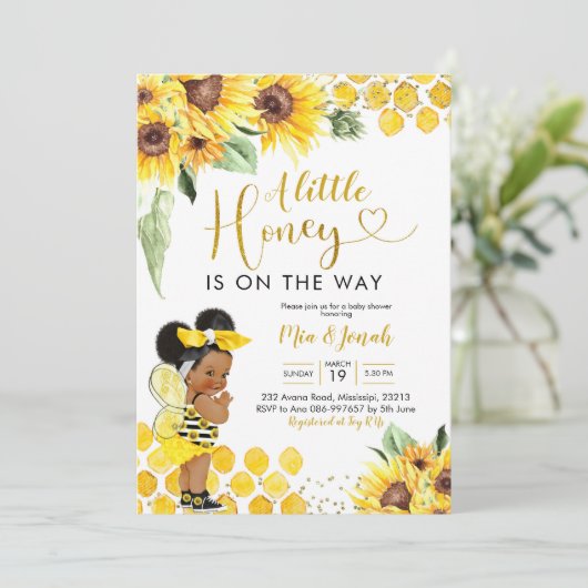 Zonnebloem Afro Little Honey Bee Baby shower Kaart (Staand voorkant)