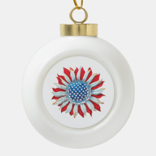 Zonnebloem Amerikaanse Vlag 4 juli Vrouwen Mannen Keramische Bal Ornament