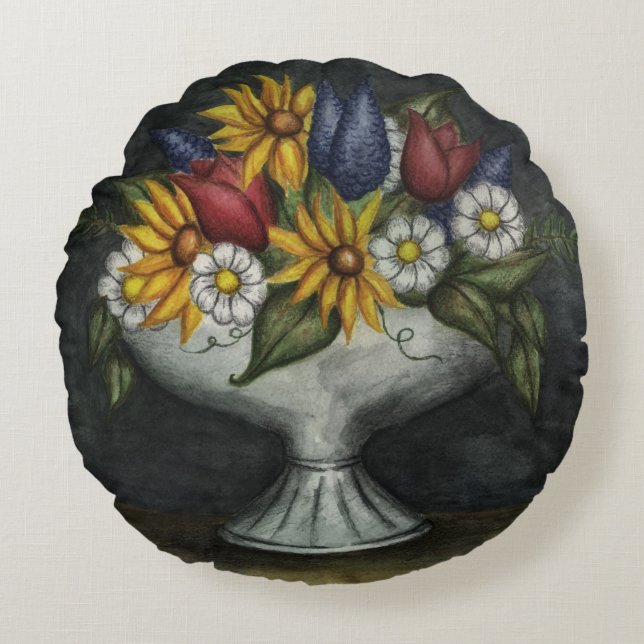 Zonnebloem Antiek  decortieluil Rond Kussen (Voorkant)