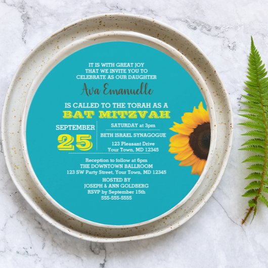 Zonnebloem Aqua Ronde Bat Mitswa Uitnodiging
