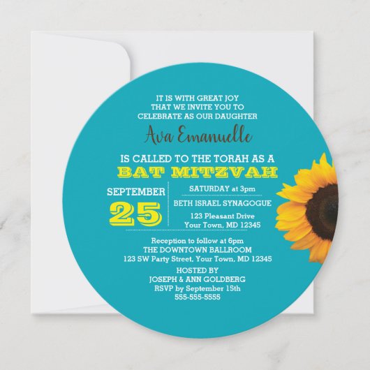 Zonnebloem Aqua Ronde Bat Mitswa Uitnodiging (Voorkant)