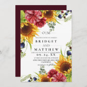 Zonnebloem Aquarel Bloemen Bruiloft Uitnodiging (Voorkant / Achterkant)