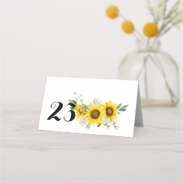 Zonnebloem aquarel witte rozen bruiloft  plaatskaartje