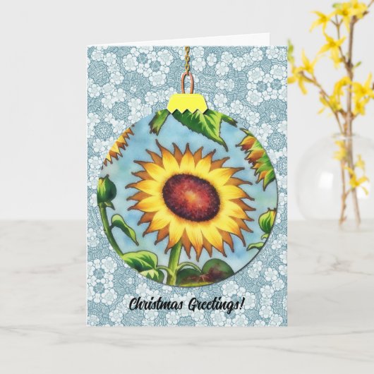 Zonnebloem Art Kerst Ornament Blauw Kaart (Gele Bloem)