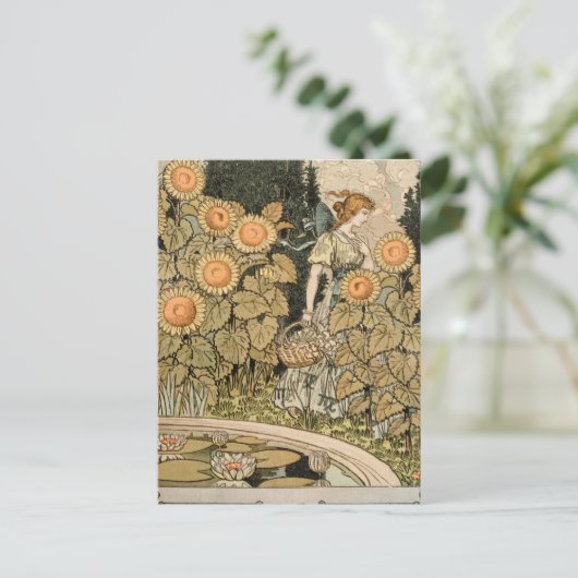 Zonnebloem Art Nouveau Tuin Grasset Vrouw Briefkaart (Staand voorkant)