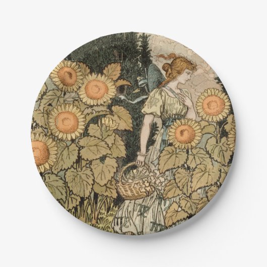 Zonnebloem Art Nouveau Tuin Grasset Vrouw Papieren Bordje (Voorkant)