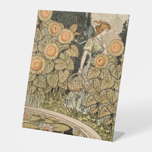 Zonnebloem Art Nouveau Tuin Grasset Vrouw Reclamebord Met Voetstuk (Voorkant)