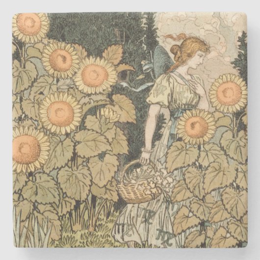 Zonnebloem Art Nouveau Tuin Grasset Vrouw Stenen Onderzetter (Voorkant)