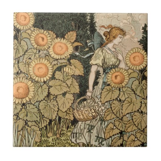 Zonnebloem Art Nouveau Tuin Grasset Vrouw Tegeltje (Voorkant)
