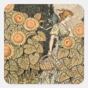 Zonnebloem Art Nouveau Tuin Grasset Vrouw Vierkante Sticker