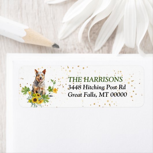 Zonnebloem Australisch vee Hond retouradres Etiket (Insitu)