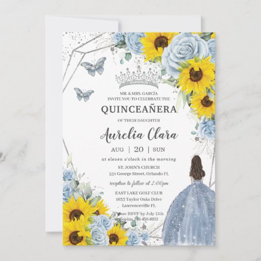 Zonnebloem Baby Blauw Bloemen Prinses Quinceañera Kaart (Voorkant)