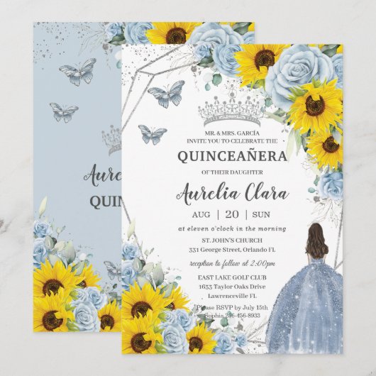 Zonnebloem Baby Blauw Bloemen Prinses Quinceañera Kaart (Voorkant / Achterkant)