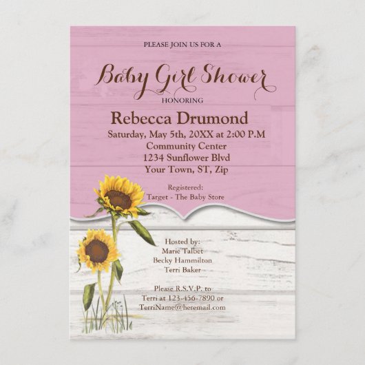 Zonnebloem Baby Girl Shower Whitewash Barn Wood Informatiekaartje (Voorkant)
