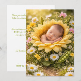 ZONNEBLOEM BABY IN BLOEI DIGITALE DOWNLOAD UITNODI KAART