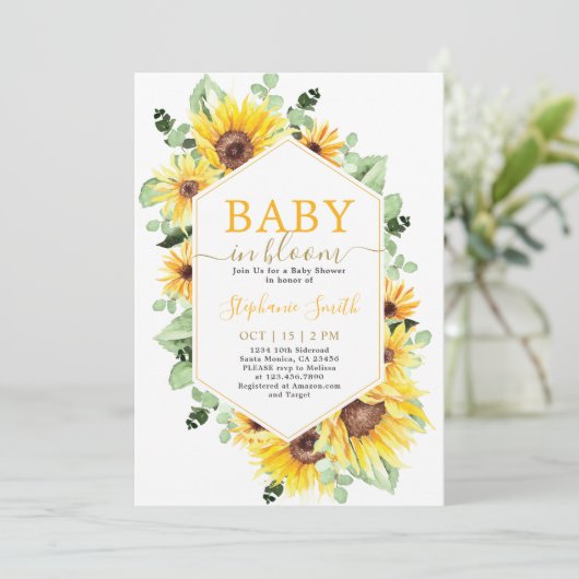 Zonnebloem Baby in Bloom Baby shower Uitnodiging (Staand voorkant)