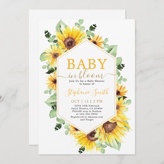Zonnebloem Baby in Bloom Baby shower Uitnodiging (Voorkant / Achterkant)