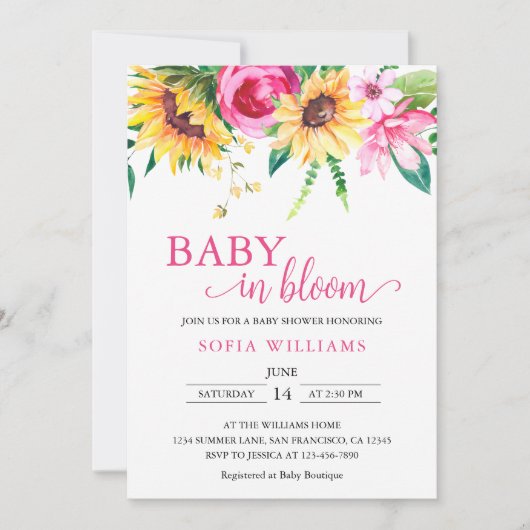 Zonnebloem Baby in Bloom Baby shower Uitnodiging (Voorkant)