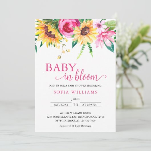 Zonnebloem Baby in Bloom Baby shower Uitnodiging (Staand voorkant)