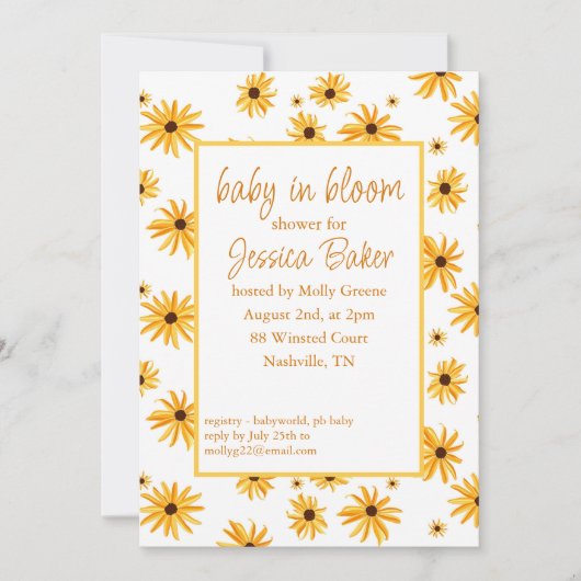 Zonnebloem Baby in Bloom Douche Uitnodiging (Voorkant)