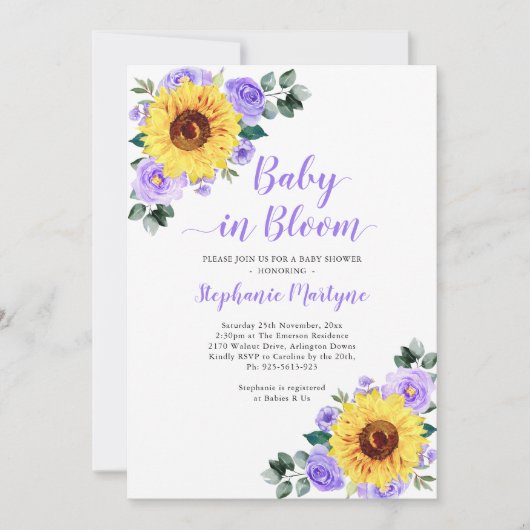 Zonnebloem Baby in Bloom Paars Baby shower van Flo Kaart (Voorkant)
