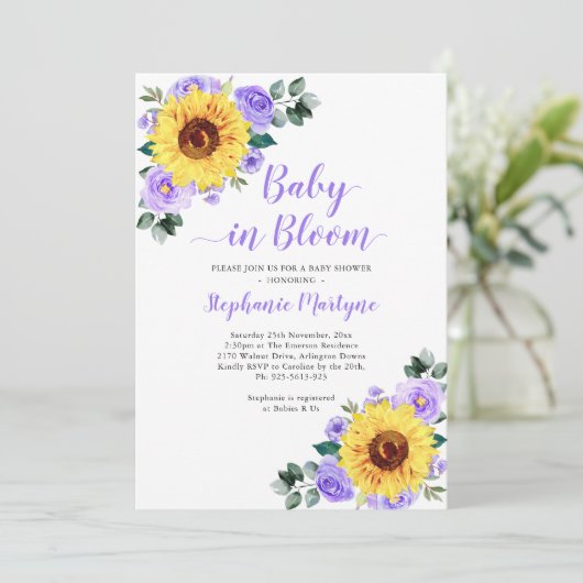 Zonnebloem Baby in Bloom Paars Baby shower van Flo Kaart (Staand voorkant)