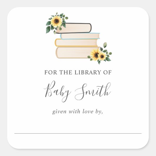 Zonnebloem Baby shower Bibliotheek Bookplate Stick Vierkante Sticker (Voorkant)