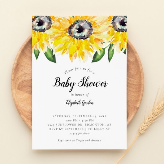 Zonnebloem Baby shower Elegant Script Waterverf Kaart