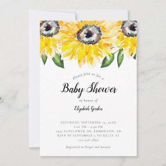 Zonnebloem Baby shower Elegant Script Waterverf Kaart (Voorkant)
