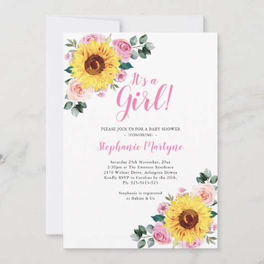Zonnebloem Baby shower Het is een meisje roze Kaart (Voorkant)