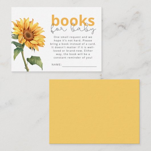 Zonnebloem Baby shower Neutraal Genderboekverzoek Informatiekaartje (Voorkant / Achterkant)