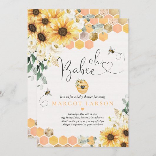 Zonnebloem Baby shower Oh Babee Baby shower Kaart (Voorkant / Achterkant)