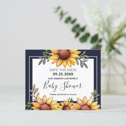 Zonnebloem Baby shower Opslaan Datum uitnodiging (Staand voorkant)