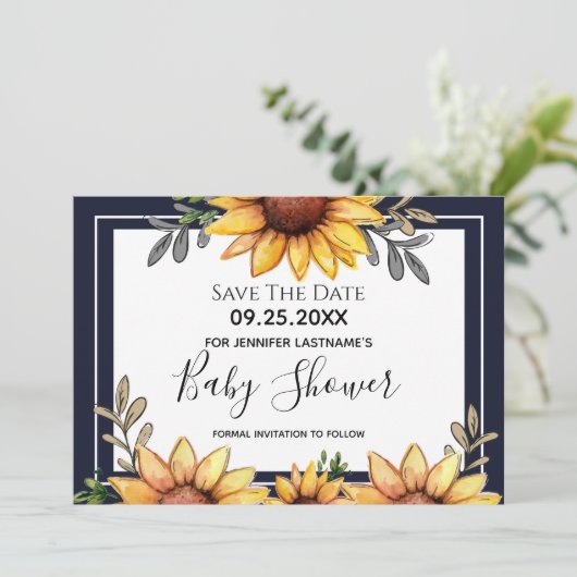Zonnebloem Baby shower Opslaan Datum uitnodiging (Staand voorkant)