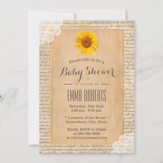  Zonnebloem Baby shower oud Script Paper Kaart (Voorkant)