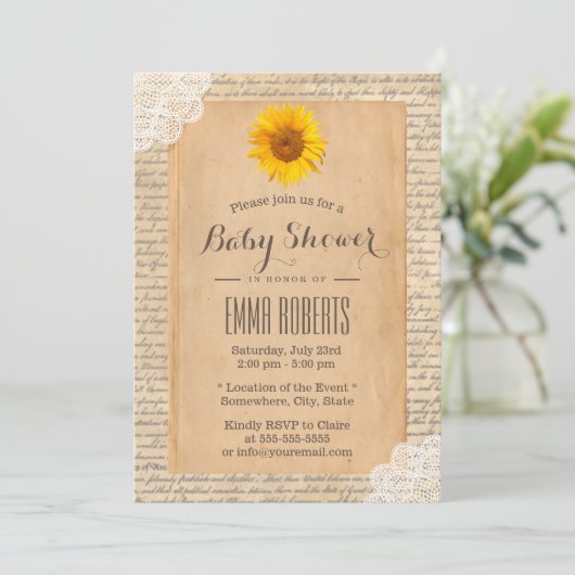 Zonnebloem Baby shower oud Script Paper Kaart (Staand voorkant)