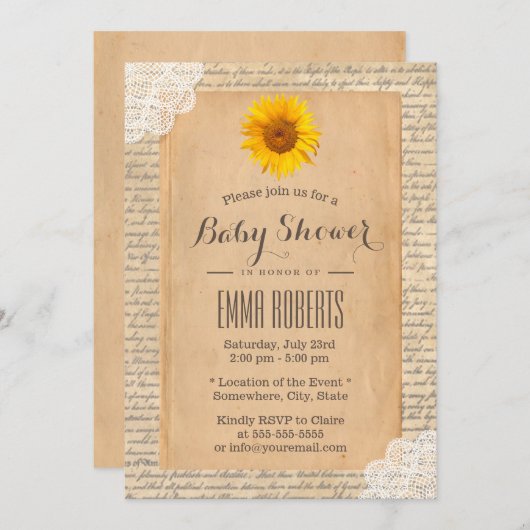 Zonnebloem Baby shower oud Script Paper Kaart (Voorkant / Achterkant)
