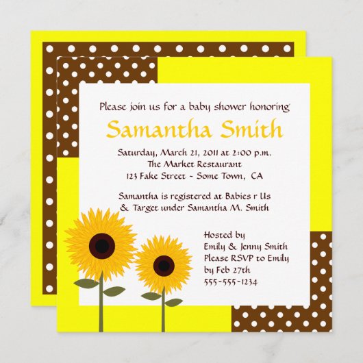 Zonnebloem Baby shower Uitnodiging - Geel & bruin (Voorkant / Achterkant)