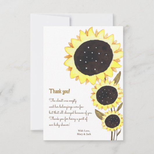 Zonnebloem Baby shower waterverf Hartelijk dank Bedankkaart (Voorkant)